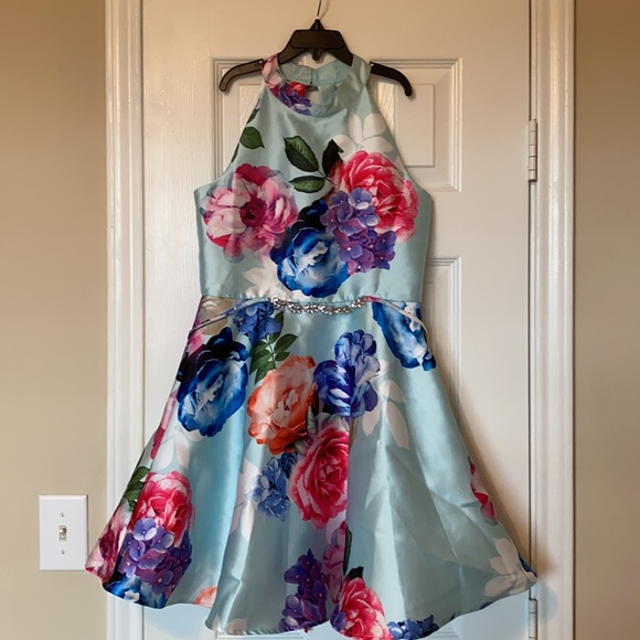 ZUNIE Blue Satin Floral Mikado Easter Dress - Picture 3 of 5